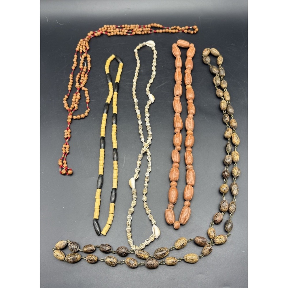 Vintage Boho Natural Wood Shell Seed Bead Necklace Lot – 5 Pieces Earth Tone